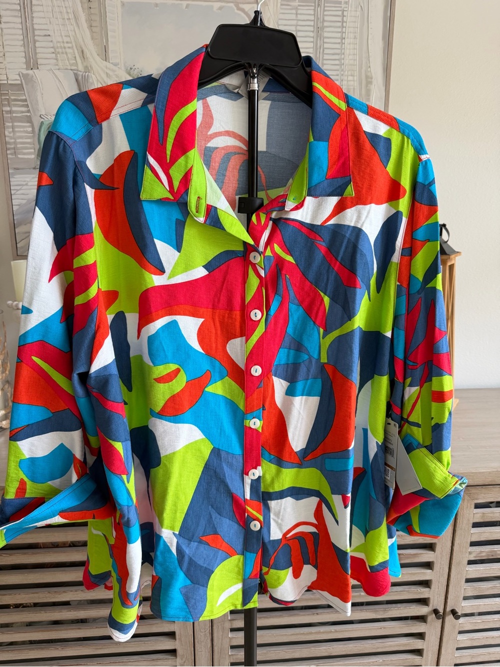 Multiples Printed Collar 3/4 Turn Up Sleeve Button Front